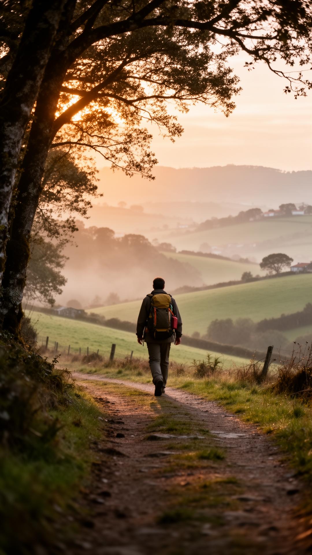 Peregrino caminando al amanecer por el Camino de Santiago