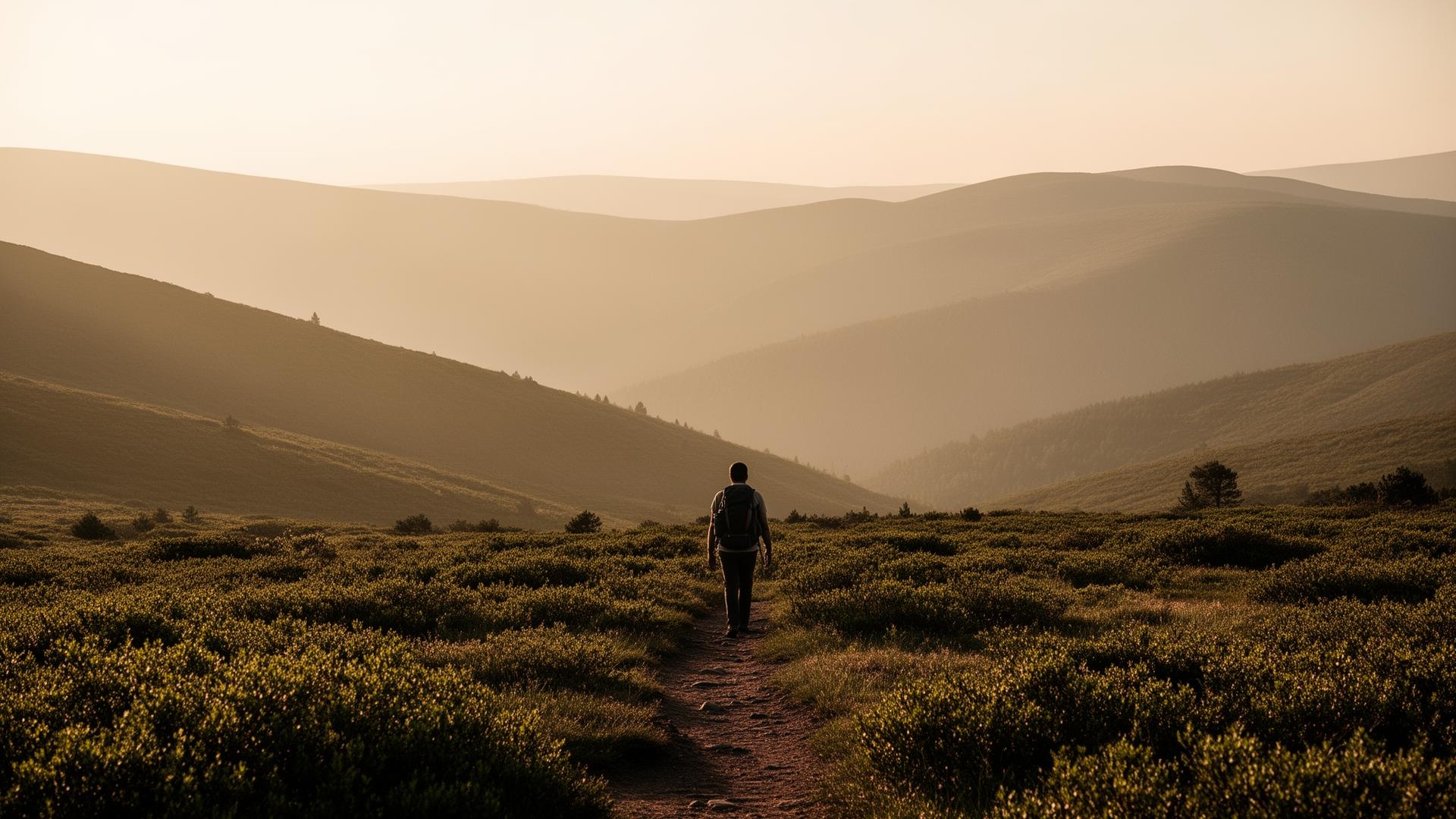 Peregrino caminando al amanecer por el Camino de Santiago